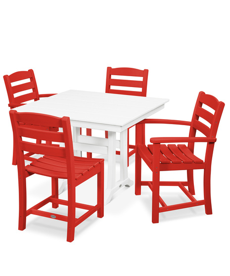 La Casa Café 5-Piece Farmhouse Dining Set with Trestle Legs - Sunset Red/White