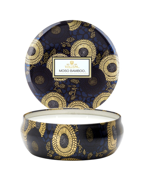 Voluspa's unique coconut wax blend is hand-poured into a 12 oz. metal vessel adorned in decorative pattern with a lid that keeps the candle dust-free when not in use.