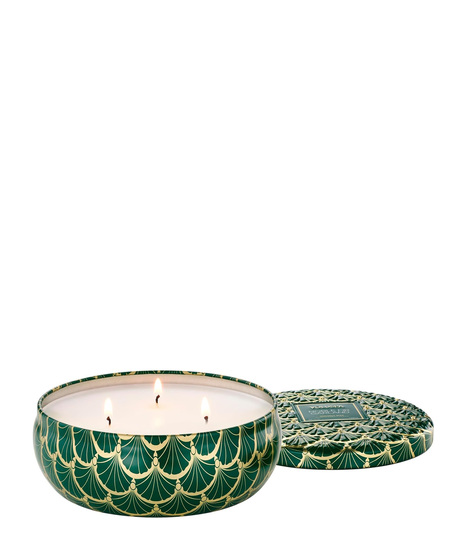 Voluspa's unique coconut wax blend is hand-poured into a 12 oz. metal vessel adorned in decorative pattern with a lid that keeps the candle dust-free when not in use.