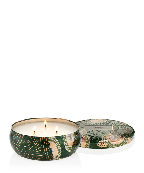 Voluspa's unique coconut wax blend is hand-poured into a 12 oz. metal vessel adorned in decorative pattern with a lid that keeps the candle dust-free when not in use.