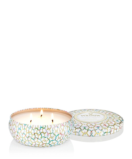 Voluspa's unique coconut wax blend is hand-poured into a 12 oz. metal vessel adorned in decorative pattern with a lid that keeps the candle dust-free when not in use.