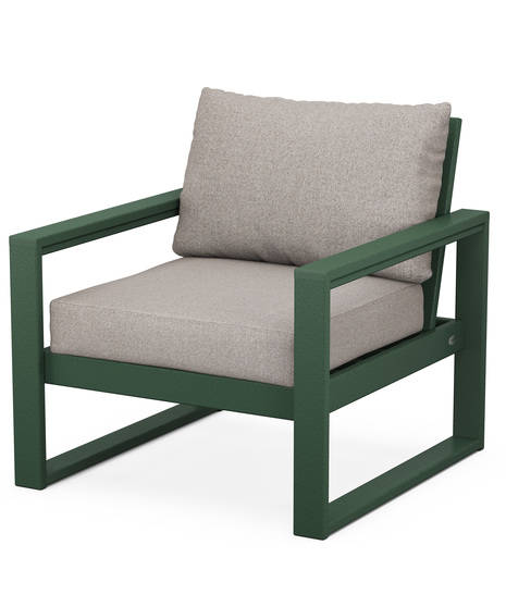 With sleek, angular lines, this modern deep seating chair features a plush pillow-back cushion as well as a supportive seat cushion covered in high-performance outdoor fabric.