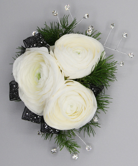 3 ranunculus, ribbon, rhinestones and greenery