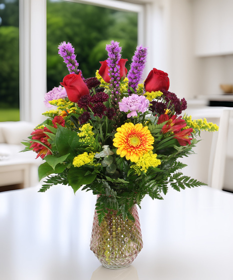 Enchantment bouquet with liatris, daisies, lilies & carnations in a colored vase with acorn charm. Perfect whimsical floral gift.”