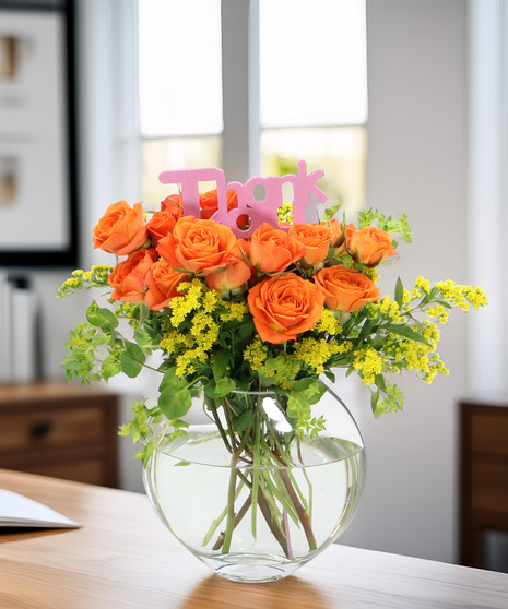 Spray roses with accents in a clear glass vase. A fresh and colorful gift for Administrative Professionals Week