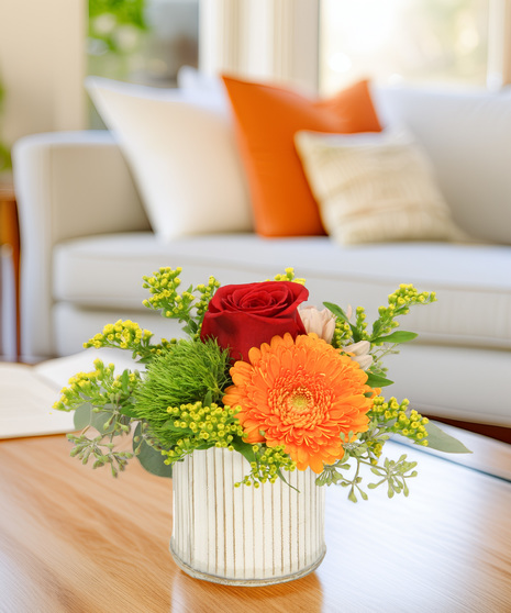 A petite bouquet featuring a mini gerbera daisies, moss carnation, daisies and accents in a ceramic pot that brings a playful pop of color to any space.