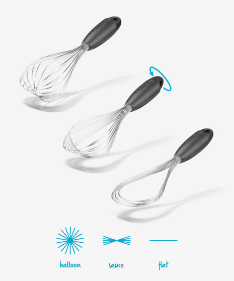 Flisk is a balloon whisk that twists to create three whisks from one.