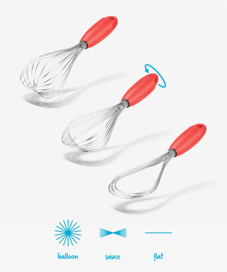 Flisk is a balloon whisk that twists to create three whisks from one.