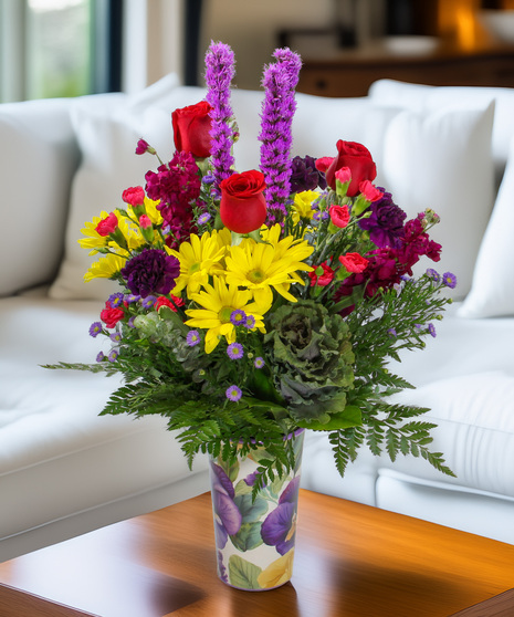 Purple kale, liatris, stock, carnations, and daisies in a floral painted French tin. A bright and charming Mother's Day bouquet