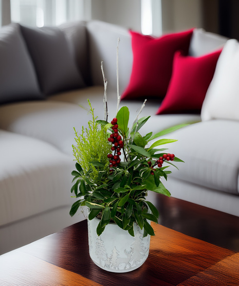 Let It Snow Dish Garden - holiday greenery in a charming winter-themed display