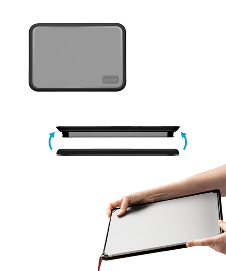 Fledge has unique flip up edges that prevent food from falling or rolling off the sides when being transported to a pot, bowl or table for serving.