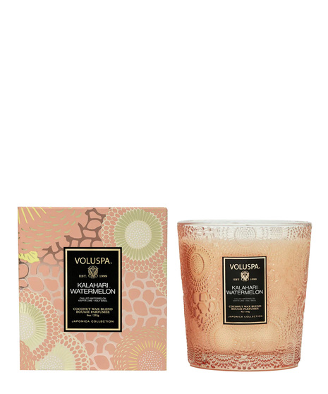 Voluspa's unique coconut wax blend is hand-poured into a 9 oz. embossed glass jar with decorative gift box.  60 hours