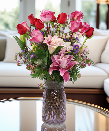 Lovely Lavenders Bouquet with lavender roses and pink Oriental lilies. Fragrant, elegant flowers perfect for gifting or home décor