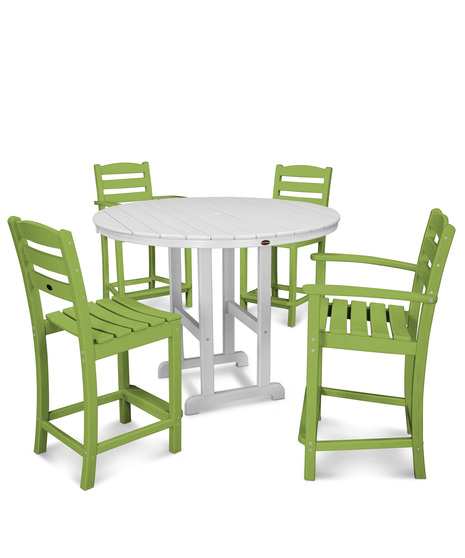 This all-weather counter-height set seats four for dining outside, game night, or enjoying a few drinks with friends. This set provides a classic and comfortable design