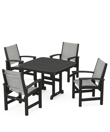 Coastal 5-Piece Dining Set features durable lumber frames and all-weather sling seats centered around a stylish table, this set easily  accommodates four.