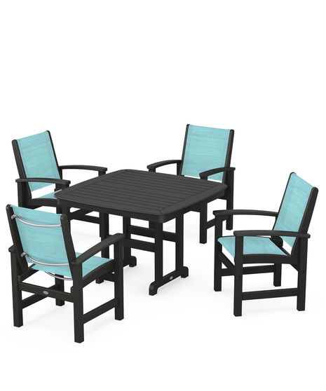 Coastal 5-Piece Dining Set features durable lumber frames and all-weather sling seats centered around a stylish table, this set easily  accommodates four.