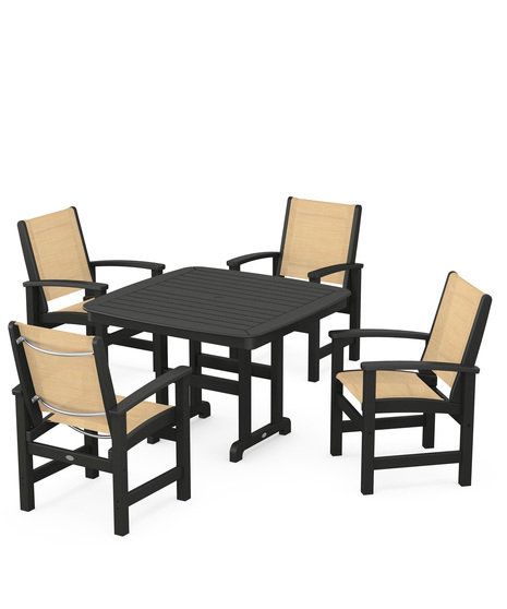 Coastal 5-Piece Dining Set features durable lumber frames and all-weather sling seats centered around a stylish table, this set easily  accommodates four.