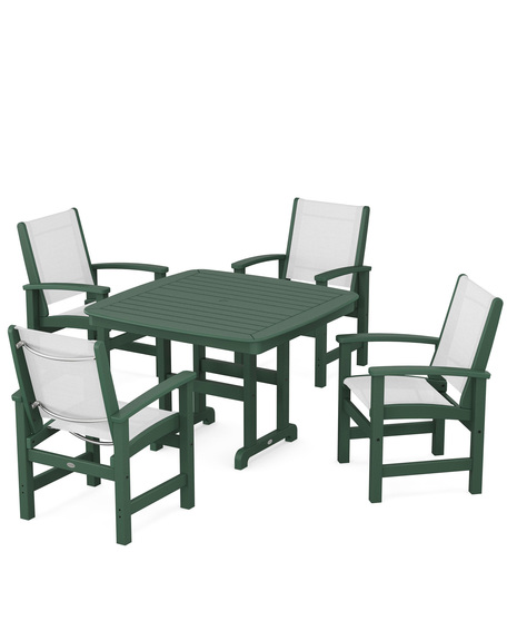 Coastal 5-Piece Dining Set features durable lumber frames and all-weather sling seats centered around a stylish table, this set easily  accommodates four.