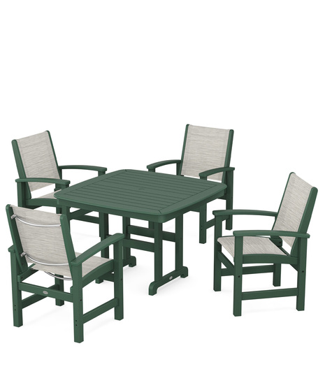 Coastal 5-Piece Dining Set features durable lumber frames and all-weather sling seats centered around a stylish table, this set easily  accommodates four.