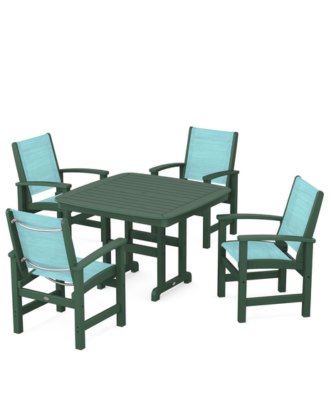Coastal 5-Piece Dining Set features durable lumber frames and all-weather sling seats centered around a stylish table, this set easily  accommodates four.