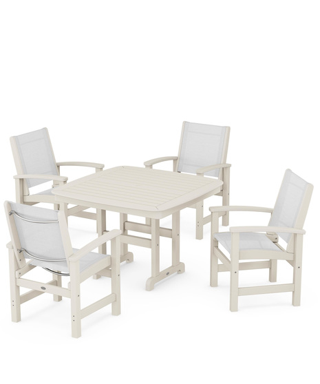 Coastal 5-Piece Dining Set features durable lumber frames and all-weather sling seats centered around a stylish table, this set easily  accommodates four.