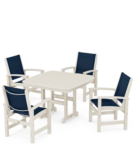 Coastal 5-Piece Dining Set features durable lumber frames and all-weather sling seats centered around a stylish table, this set easily  accommodates four.