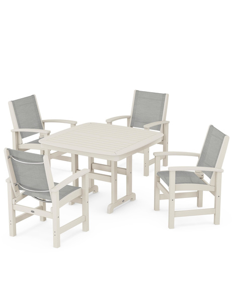 Coastal 5-Piece Dining Set features durable lumber frames and all-weather sling seats centered around a stylish table, this set easily  accommodates four.