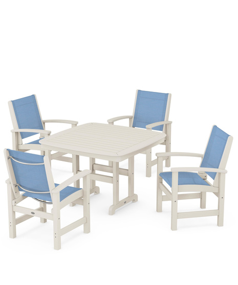 Coastal 5-Piece Dining Set features durable lumber frames and all-weather sling seats centered around a stylish table, this set easily  accommodates four.
