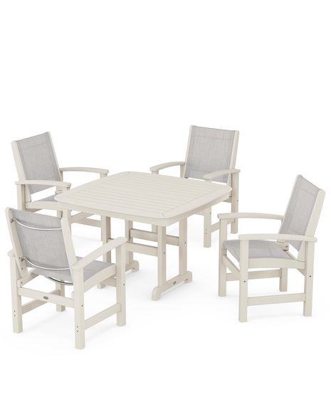 Coastal 5-Piece Dining Set features durable lumber frames and all-weather sling seats centered around a stylish table, this set easily  accommodates four.