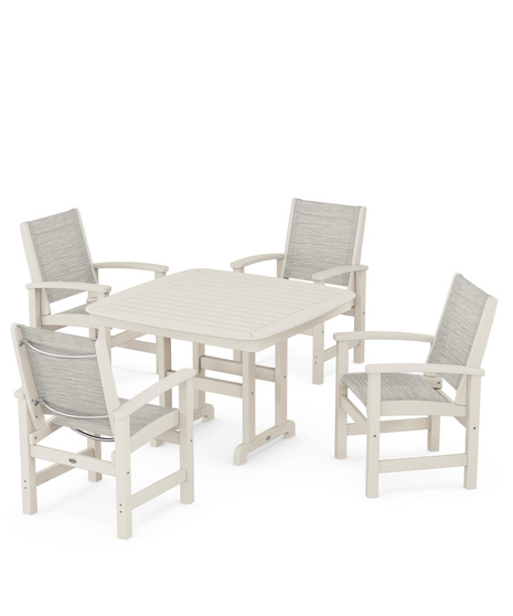 Coastal 5-Piece Dining Set features durable lumber frames and all-weather sling seats centered around a stylish table, this set easily  accommodates four.