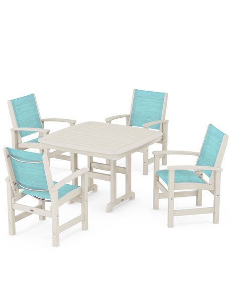 Coastal 5-Piece Dining Set features durable lumber frames and all-weather sling seats centered around a stylish table, this set easily  accommodates four.