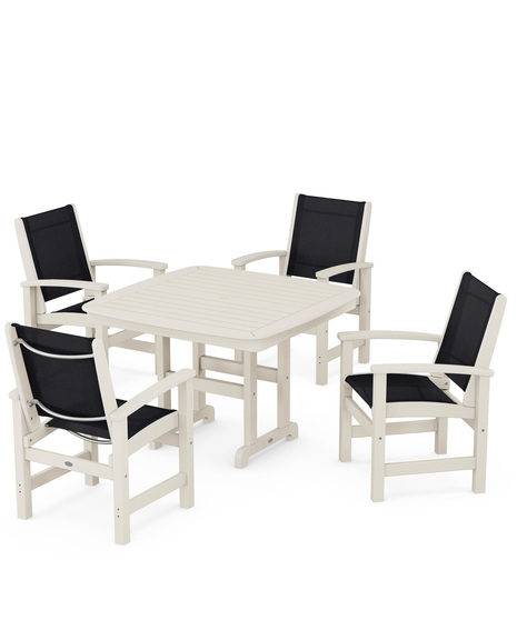 Coastal 5-Piece Dining Set features durable lumber frames and all-weather sling seats centered around a stylish table, this set easily  accommodates four.