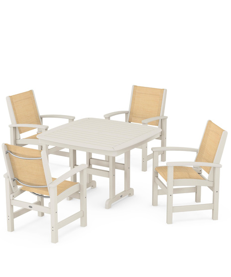 Coastal 5-Piece Dining Set features durable lumber frames and all-weather sling seats centered around a stylish table, this set easily  accommodates four.