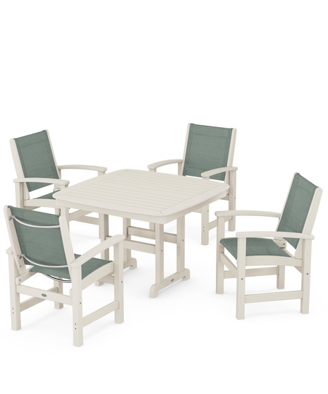 Coastal 5-Piece Dining Set features durable lumber frames and all-weather sling seats centered around a stylish table, this set easily  accommodates four.