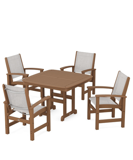 Coastal 5-Piece Dining Set features durable lumber frames and all-weather sling seats centered around a stylish table, this set easily  accommodates four.