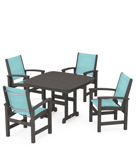 Coastal 5-Piece Dining Set features durable lumber frames and all-weather sling seats centered around a stylish table, this set easily  accommodates four.