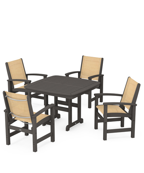 Coastal 5-Piece Dining Set features durable lumber frames and all-weather sling seats centered around a stylish table, this set easily  accommodates four.
