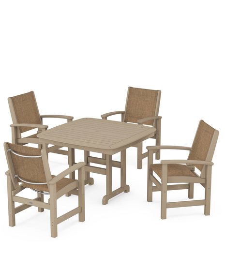 Coastal 5-Piece Dining Set features durable lumber frames and all-weather sling seats centered around a stylish table, this set easily  accommodates four.