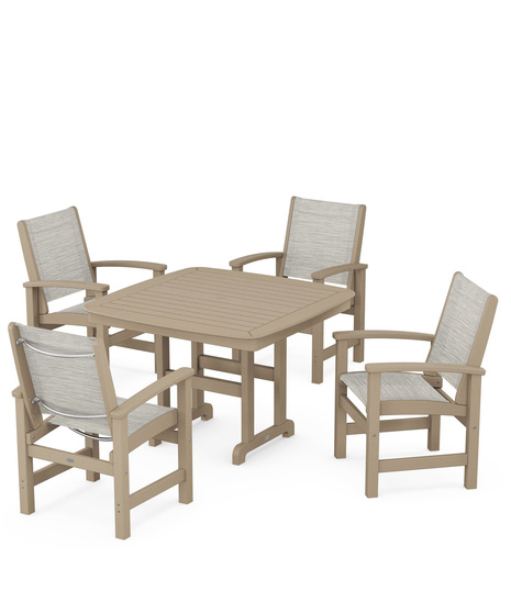 Coastal 5-Piece Dining Set features durable lumber frames and all-weather sling seats centered around a stylish table, this set easily  accommodates four.