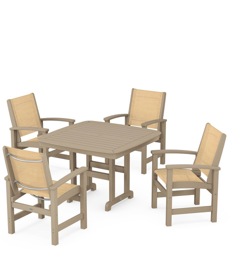 Coastal 5-Piece Dining Set features durable lumber frames and all-weather sling seats centered around a stylish table, this set easily  accommodates four.