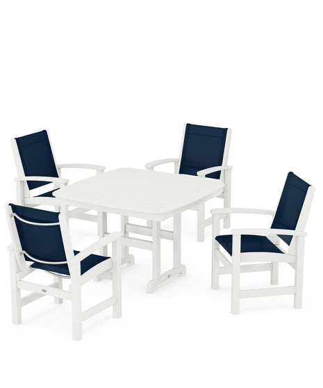 Coastal 5-Piece Dining Set features durable lumber frames and all-weather sling seats centered around a stylish table, this set easily  accommodates four.