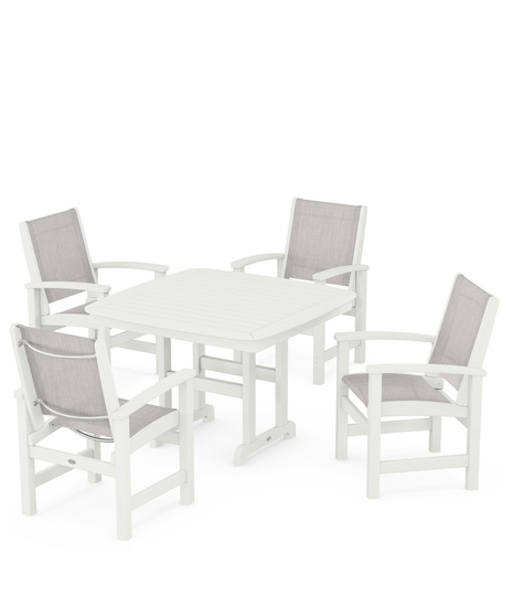 Coastal 5-Piece Dining Set features durable lumber frames and all-weather sling seats centered around a stylish table, this set easily  accommodates four.