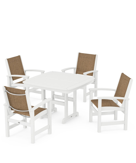 Coastal 5-Piece Dining Set features durable lumber frames and all-weather sling seats centered around a stylish table, this set easily  accommodates four.