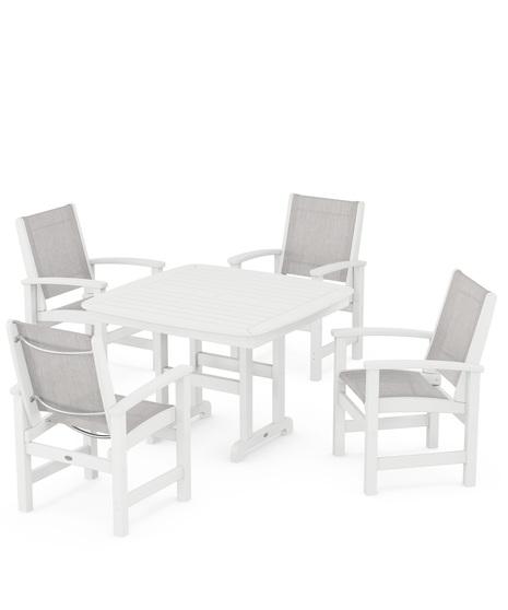 Coastal 5-Piece Dining Set features durable lumber frames and all-weather sling seats centered around a stylish table, this set easily  accommodates four.