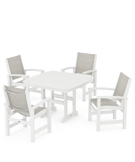 Coastal 5-Piece Dining Set features durable lumber frames and all-weather sling seats centered around a stylish table, this set easily  accommodates four.