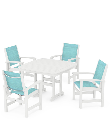 Coastal 5-Piece Dining Set features durable lumber frames and all-weather sling seats centered around a stylish table, this set easily  accommodates four.
