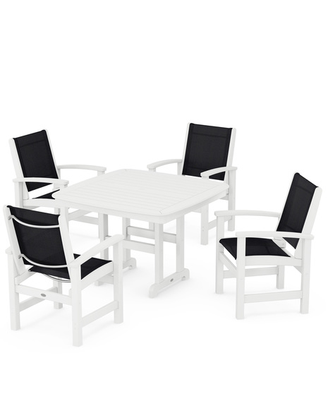 Coastal 5-Piece Dining Set features durable lumber frames and all-weather sling seats centered around a stylish table, this set easily  accommodates four.