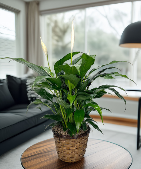 A beautiful, low-maintenance option that comes in a decorative container, adding elegance to any room. Known for its air-purifying qualities and graceful white blooms.