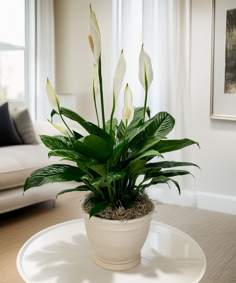 A beautiful, low-maintenance option that comes in a decorative container, adding elegance to any room. Known for its air-purifying qualities and graceful white blooms.