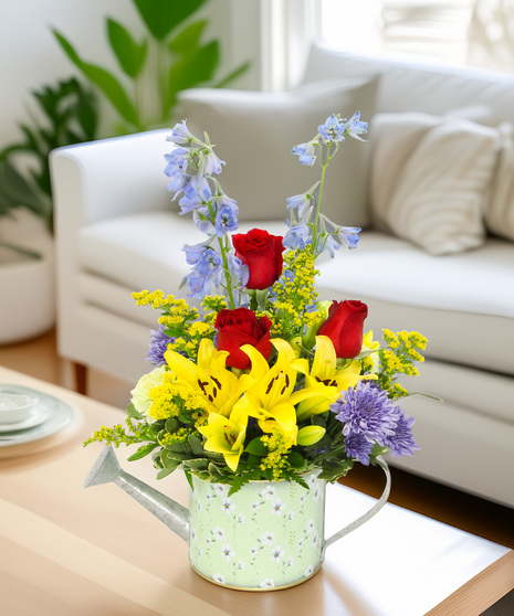 Delphinium, Asiatic lilies, and accent flowers in a charming watering can. A lush and lively spring bouquet perfect for gifting or display